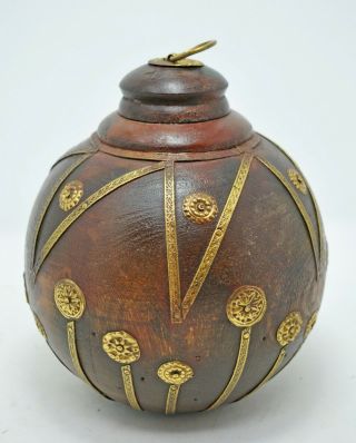Vintage Wooden Round Tobacco Box Old Hand Crafted Brass Fitted