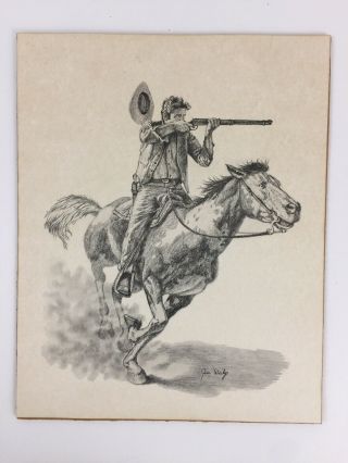 Jim Daly The Attack Vintage Western Pencil Charcoal Print Signed