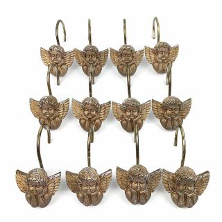 Vtg Antiqued Gold Hand Painted Set Of 12 Cherub Angels Shower Curtain Hooks