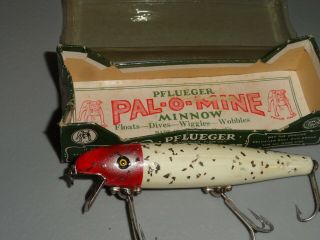 Vintage Fishing Lure Wooden Pflueger Pal O Mine Series 5000 White And Red C1924
