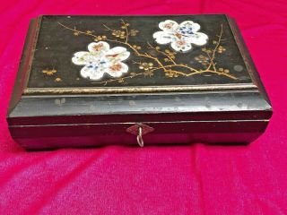 Antique Art Deco Black Lacquer Key Lock Box Hand Painted Carved Mother Of Pearl