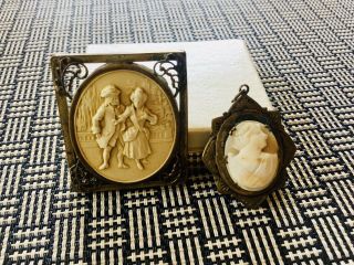 2 Antique Victorian Gold Fill Shell Cameo Brooch And Locket