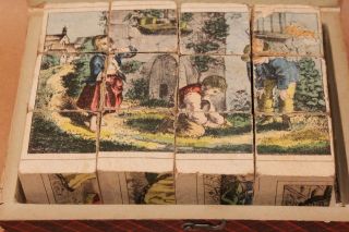 Antique C1890 6 Sided Wood Puzzle Blocks Victorian Children At Play Iob