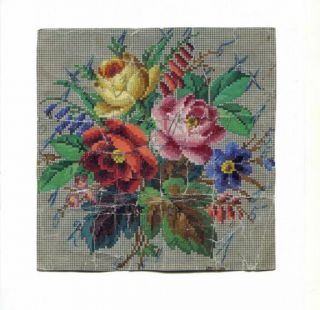 Antique Berlin Woolwork Hand Painted Chart Pattern Floral W Blue Flower