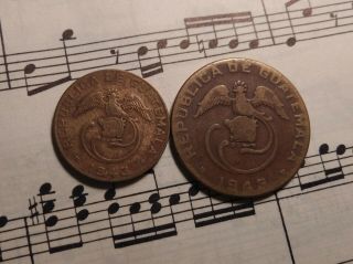 Guatemala 1,  2 Centavos 1943 Brass 2 - Yr Types Key Date Philadelphia Very Rare