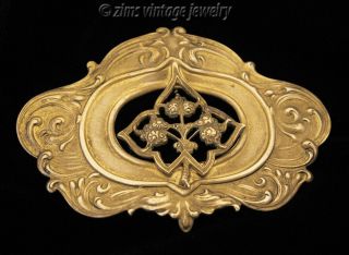 Antique Victorian Art Nouveau Gold Brass Floral Leaf Repousse Sash Pin Brooch