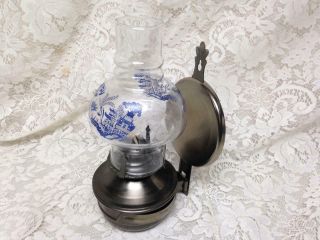 Vintage,  Rare,  4 - Pc Blue Willow - Pewter Oil Lamp/ Reflector 11in X 6in