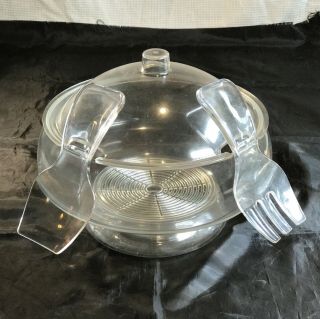 Vintage Mid - Century Modern 5 - Piece Lucite Salad Serving Bowl With Tongs,  Lid