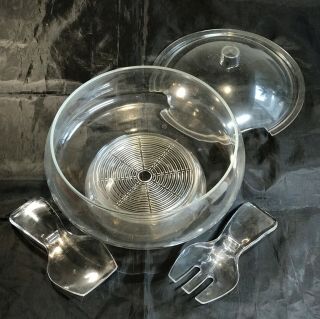 Vintage Mid - Century Modern 5 - Piece Lucite Salad Serving Bowl with Tongs,  Lid 2