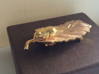 Vintage Signed Sp Gold Enamel Mouse On A Leaf Duet Brooch Pin