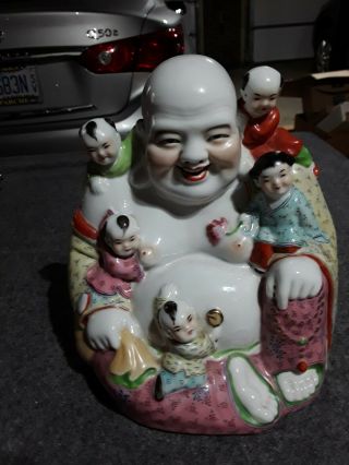 Vintage Chinese Porcelain Laughing Buddha Figure Surrounded By Children