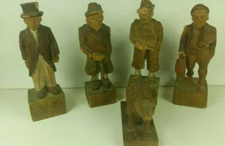 5 Vintage Hand Carved German Black Forest Wood Figurines Made In Germany 8 " Tall