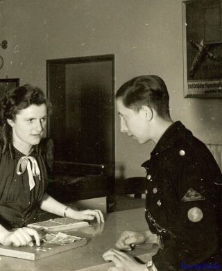 Bargain Large Photo: Rare German Uniformed Pimpf Boy Chatting W/ Girl At Desk