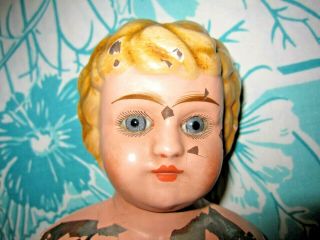 14 " Antique Composition Metal Tin Head Jointed Doll Vintage Blue Eyes