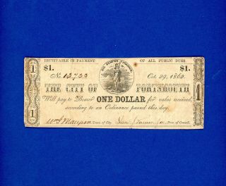 1862 $1 The City Of Portsmouth Virginia Rare Civil War Rare Mid Grade Note