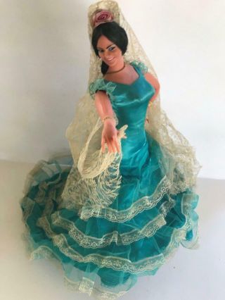 Vintage Marin Chiclana Flamenco Dancer - Aqua Lace Gown Made In Spain 17 "