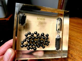 Inco Alloys 1973.  " Rare " Paper Weight " Hour Glass & Nickle Pellets " &nickle Dust "
