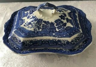Rare Vintage Buffalo Pottery Blue Willow Covered Vegetable Dish