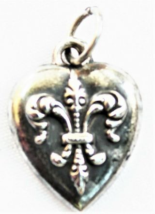 Small Antique Victorian Sterling Silver Fleur De Lis Puffy Heart Charm/pendant