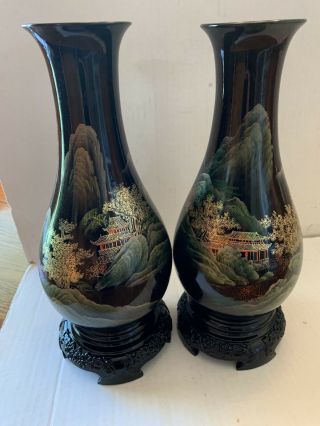 Vintage Chinese Asian Black Lacquerware Hand Painted Fuzhou Lacquer Vase Pair