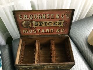 Antique E R Durkee & Cos Spices Mustard & C Country Store Wooden Display Box