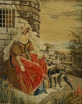 Mid 19th Century Needlepoint Of A Young Woman With Her Pet Dog - C.  1870