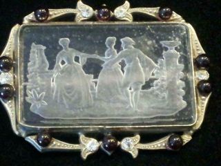 Vtg Rare 1900 Signed Czech Etched Glass Brooch W Garnet Balls & Crystal R/s