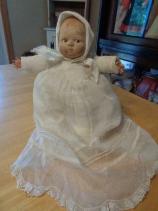 Vtg.  /antique Cloth Mask Face Baby Doll Frog Body Celluloid Hands Soiled Face 12 "