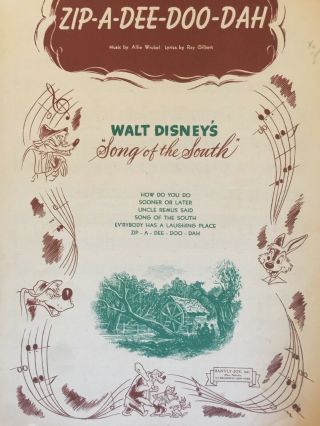 Walt Disney Sheet Music Zip - A - Dee - Doo - Dah From Song Of The South Black Americana