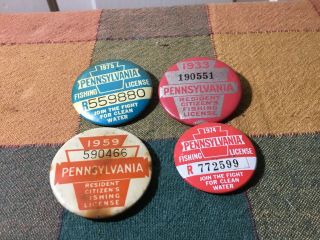 4 Vintage Pennsylvania Fishing License Pinbacks 1933,  1959,  & 1974 - 75