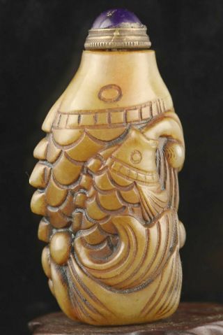 Chinese Old Natural Jade Hand - Carved Statue Fish Snuff Bottle