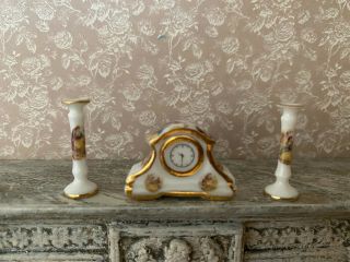 Vintage Miniature Dollhouse Porcelain Gilt French Mantle Clock & Candlesticks