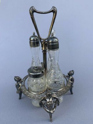 Antique Victorian Castor Cruet Bottle Set Figural Design Silver Plated Rare