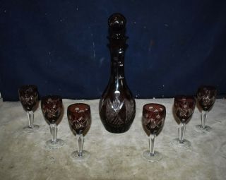 Vintage Amethyst Cut To Clear Glass Decanter W/matching Set Of Glasses W/stopper
