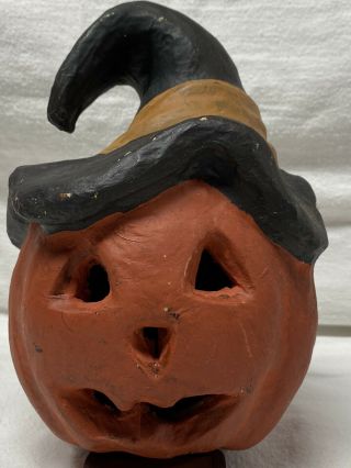 Rare Vintage Halloween Paper Mache Jack O Lantern With Black Witch Hat