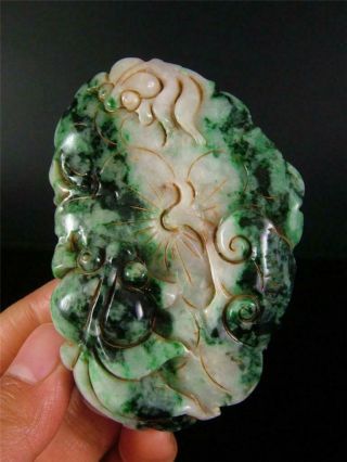 Antique Old Jadeite Emerald Jade Pendant Netsuke Goldfish & Lotus