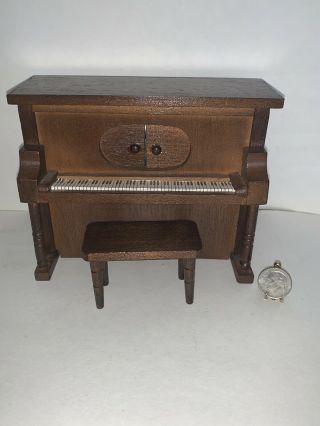 Vintage Miniature Dollhouse Wood Upright Player Piano Music Box,  With Bench
