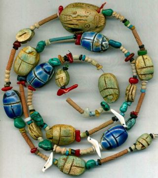 Beads Egyptian Scarab Beads Turquoise Red Coral Clay Tubes 30 " Long Vintage