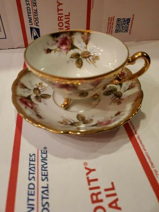 Vintage Royal Sealy China Footed Teacup And Saucer Pink Roses Gold Trim