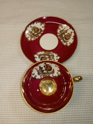 Vtg Hertel Jacob Fine China Teacup Saucer Courting Bavaria Germany Gold/Mauve 2