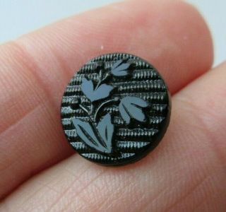 Ornate Small Antique Vtg Victorian Black Glass Picture Button Flowers 1/2 " (ab)