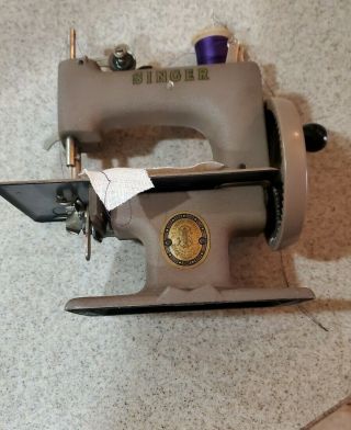 Antique Singer Toy Miniature Sewing Machine Rare Tan Color Operational Vintage 2