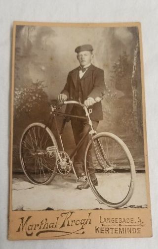 Antique Cabinet Card Studio Photo Man With Vintage Bicycle Langegade Kerteminde