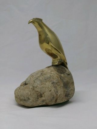 Vintage Sarreid Ltd.  Solid Brass Bird Sculpture Perched On White Rock