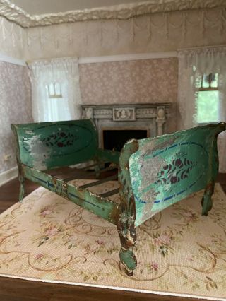 Antique Miniature French Dollhouse Distressed Chippy Moss Green Tin Bed 1920 