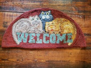 Rare Vintage Welcome Folk Art Primitive Cat Kitty Hooked Rug Estate Find