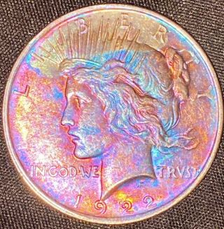 1922 - P Peace Dollar Rare Rainbow Tones 90 Silver,  1 Day N/r