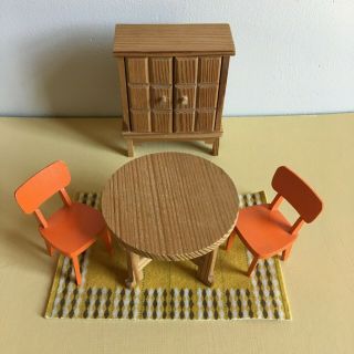 Vintage Lundby Dollhouse Round Wood Dining Table,  Two Chairs,  Cupboard And Rug