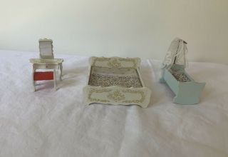 Vintage Lundby Doll House Bedroom Set Bed Bassinet Vanity W/stool Htf Lisa