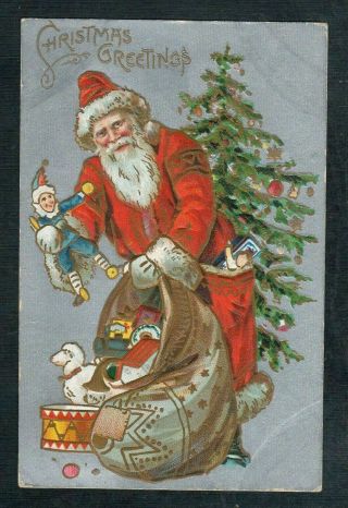Long Red Robe Santa Claus Bag Of Toys 1910 Antique Christmas Postcard - - S502